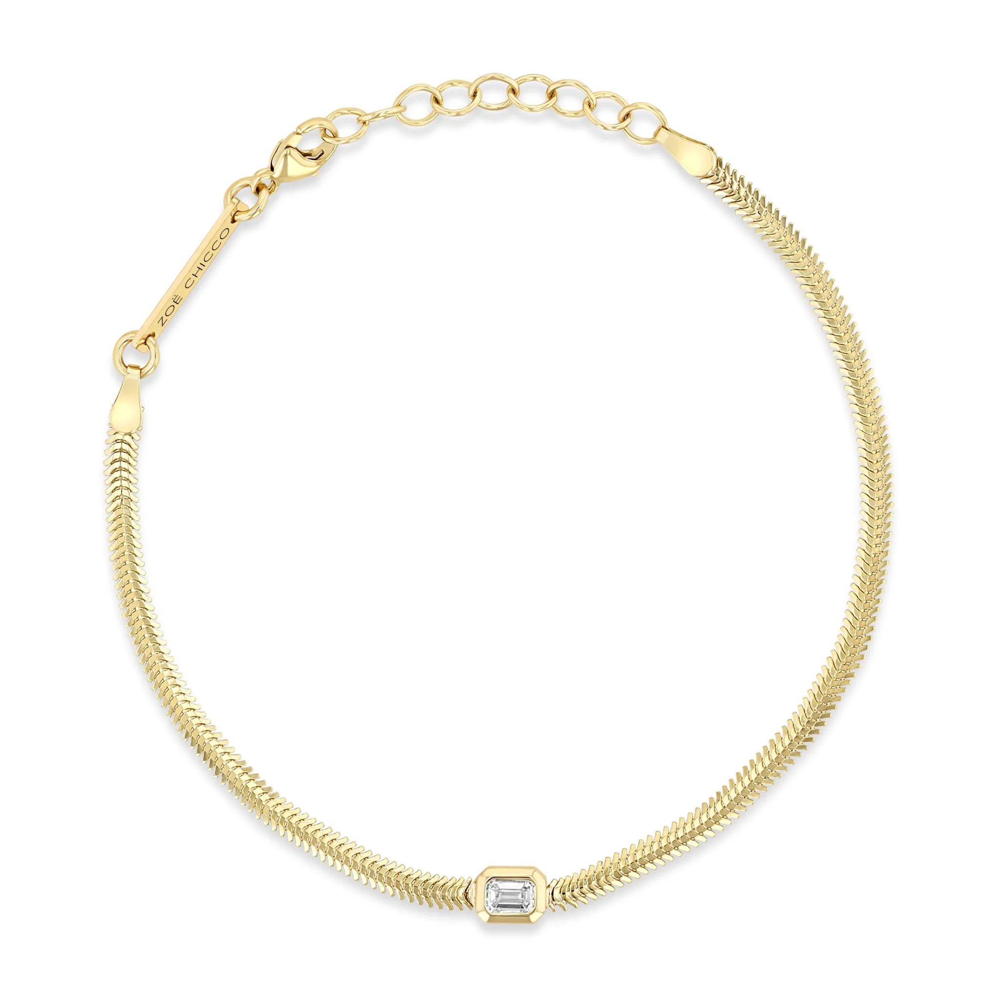 14k Emerald Cut Diamond Small Snake Chain Bracelet