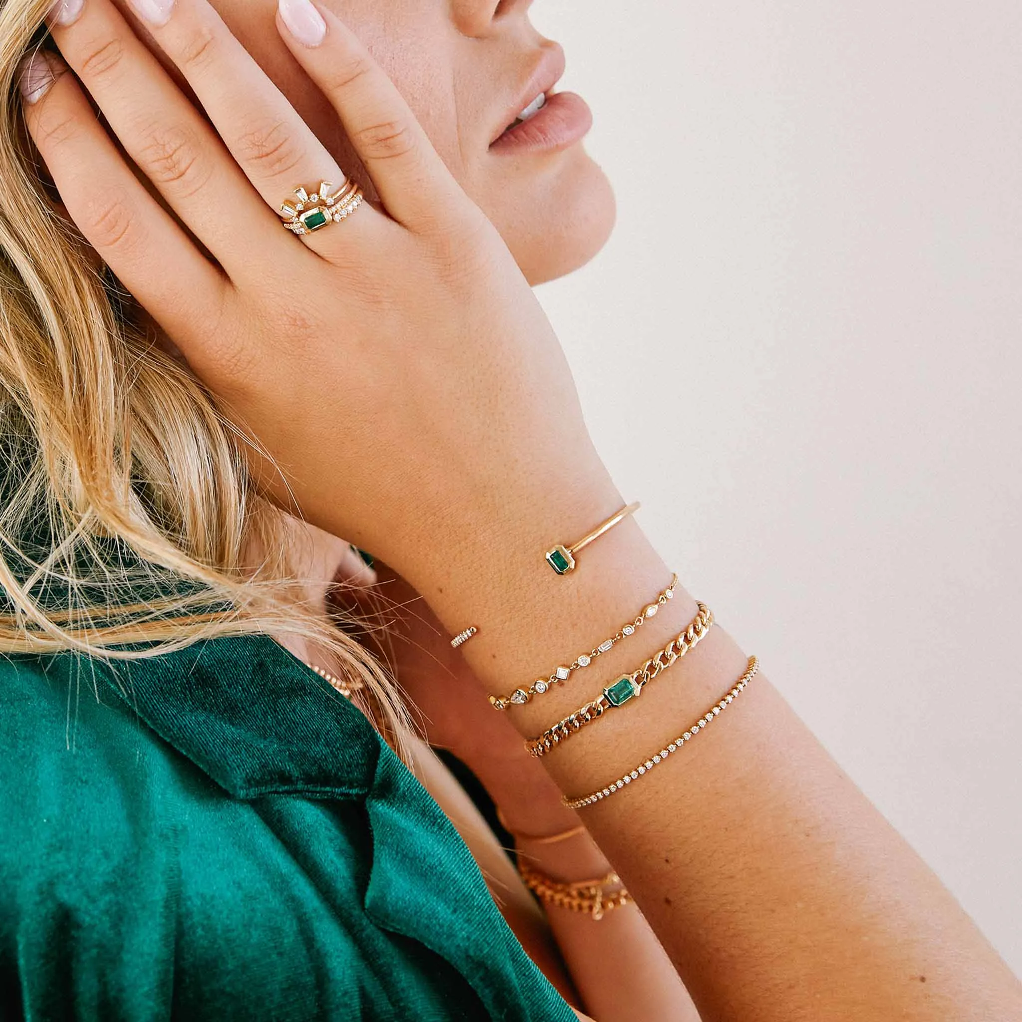 14k Emerald Cut Emerald & Pavé Diamond Cuff