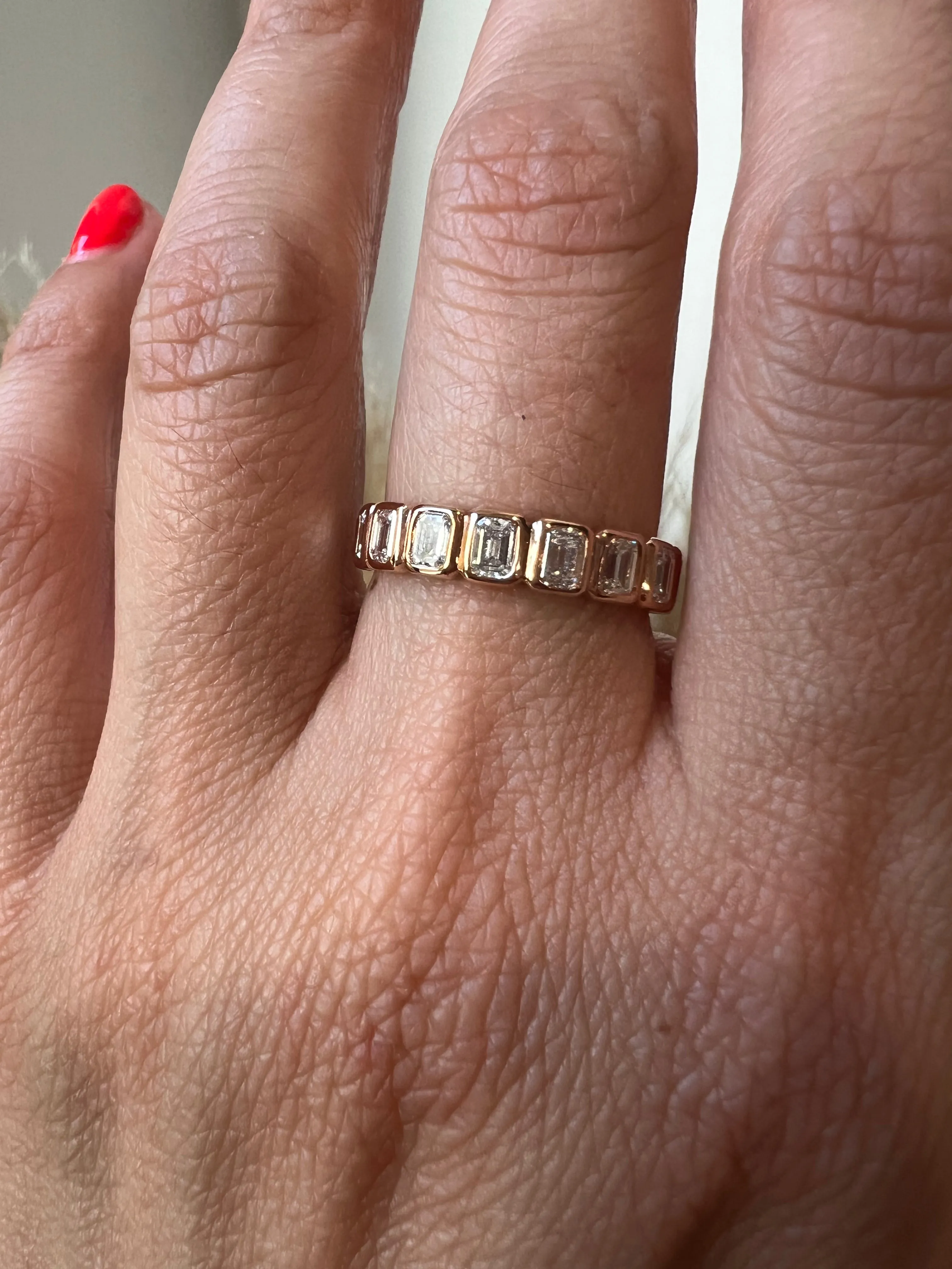 14K Gold Emerald Cut Halfway Vertical Eternity Bezel Set Lab Grown Diamond Wedding Band Ring