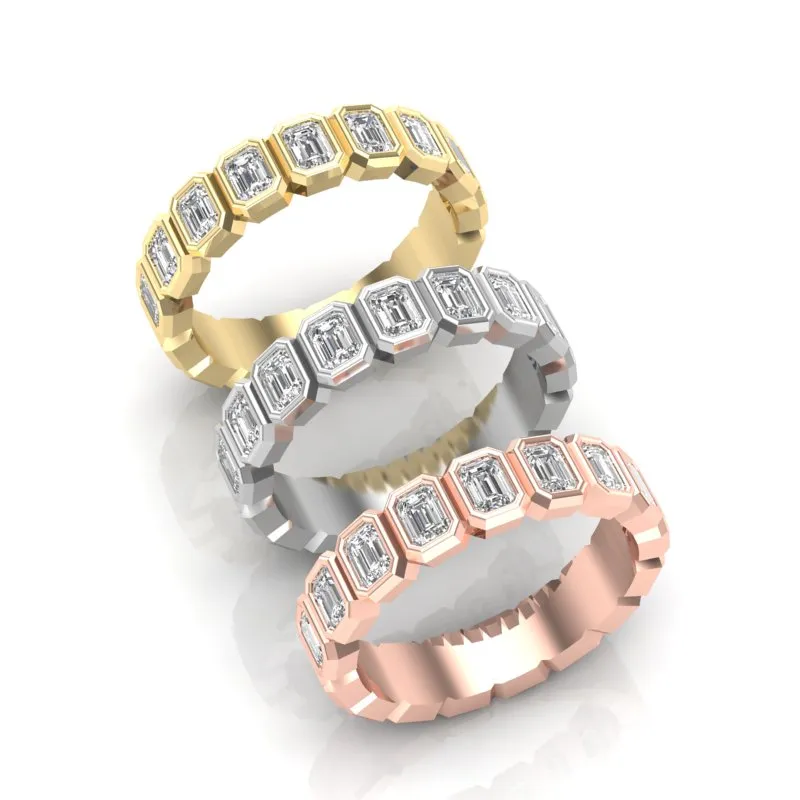 14K Gold Emerald Cut Halfway Vertical Eternity Bezel Set Lab Grown Diamond Wedding Band Ring