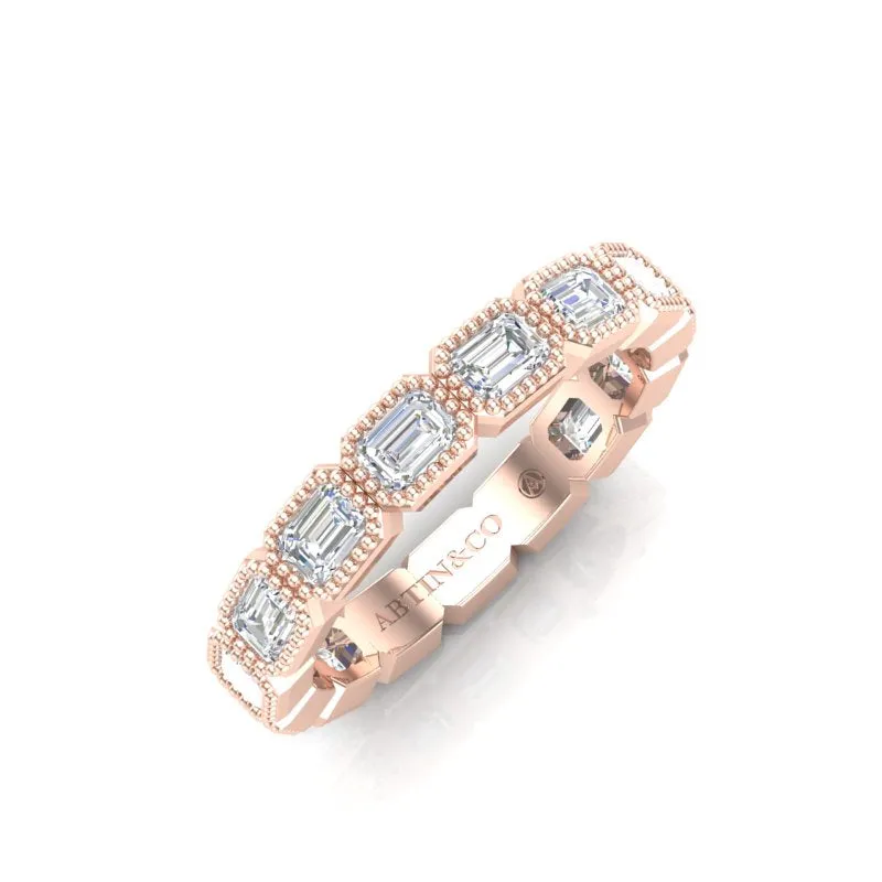 14K Gold Emerald Cut Three Quarter Way East West Eternity Milgrain Bezel Set Lab Grown Diamond Wedding Band Ring