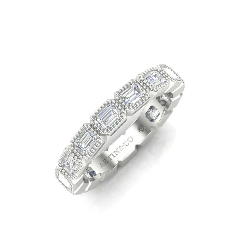 14K Gold Emerald Cut Three Quarter Way East West Eternity Milgrain Bezel Set Lab Grown Diamond Wedding Band Ring