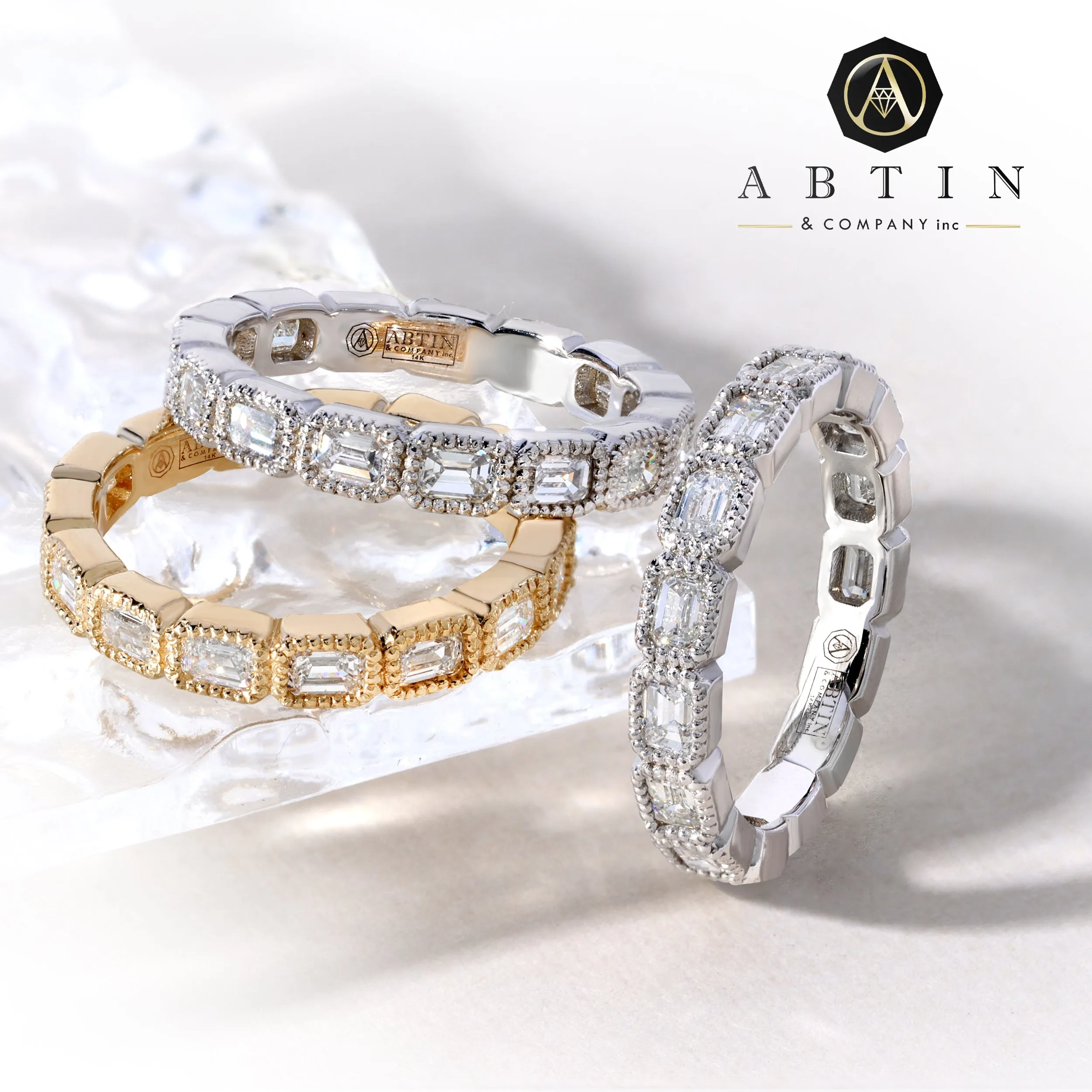 14K Gold Emerald Cut Three Quarter Way East West Eternity Milgrain Bezel Set Lab Grown Diamond Wedding Band Ring