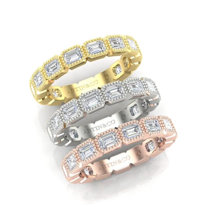 14K Gold Emerald Cut Three Quarter Way East West Eternity Milgrain Bezel Set Lab Grown Diamond Wedding Band Ring