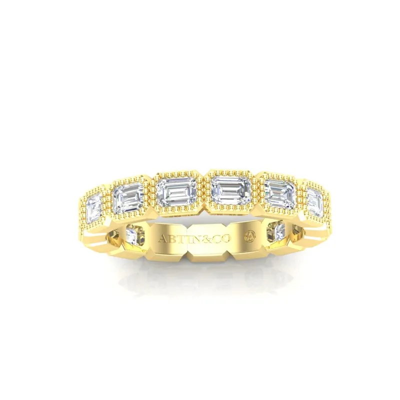 14K Gold Emerald Cut Three Quarter Way East West Eternity Milgrain Bezel Set Lab Grown Diamond Wedding Band Ring