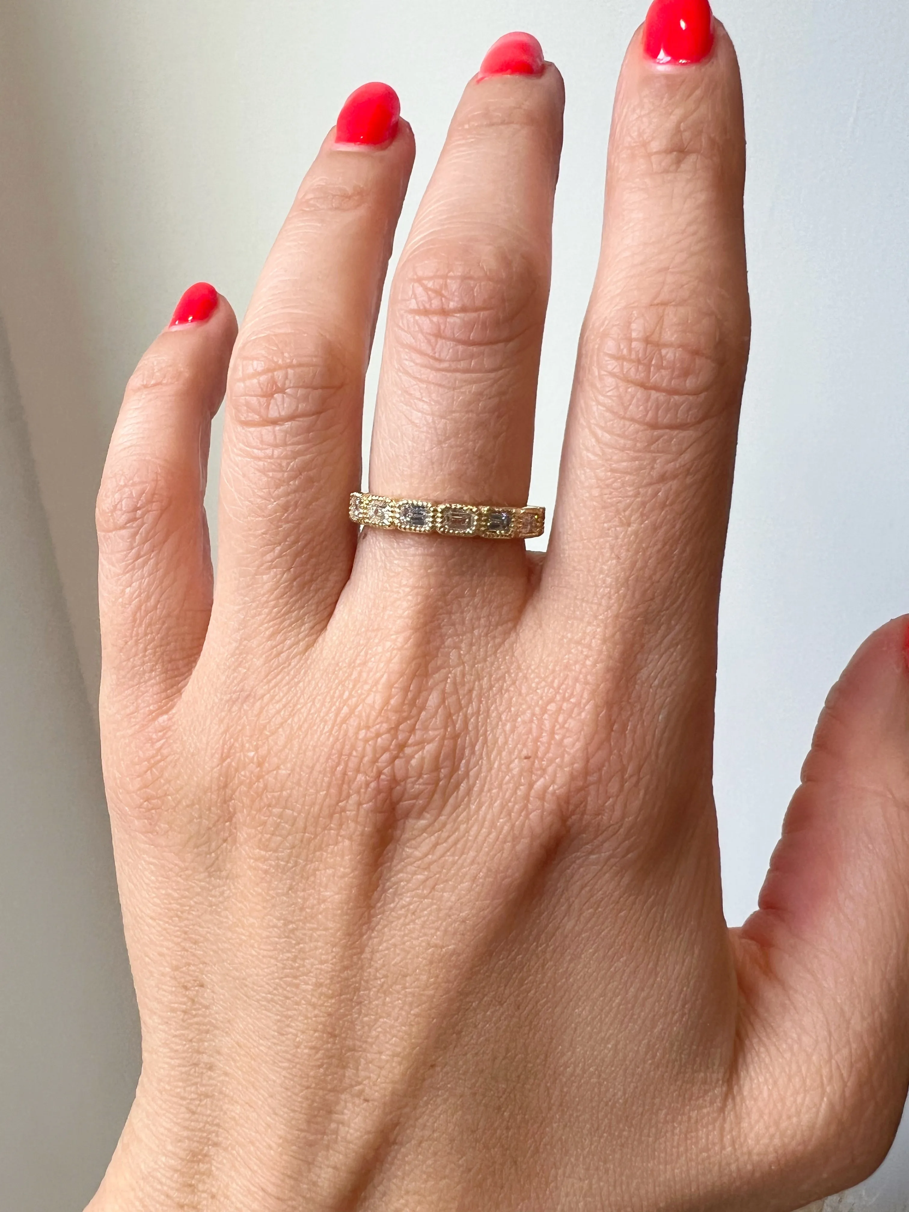 14K Gold Emerald Cut Three Quarter Way East West Eternity Milgrain Bezel Set Lab Grown Diamond Wedding Band Ring