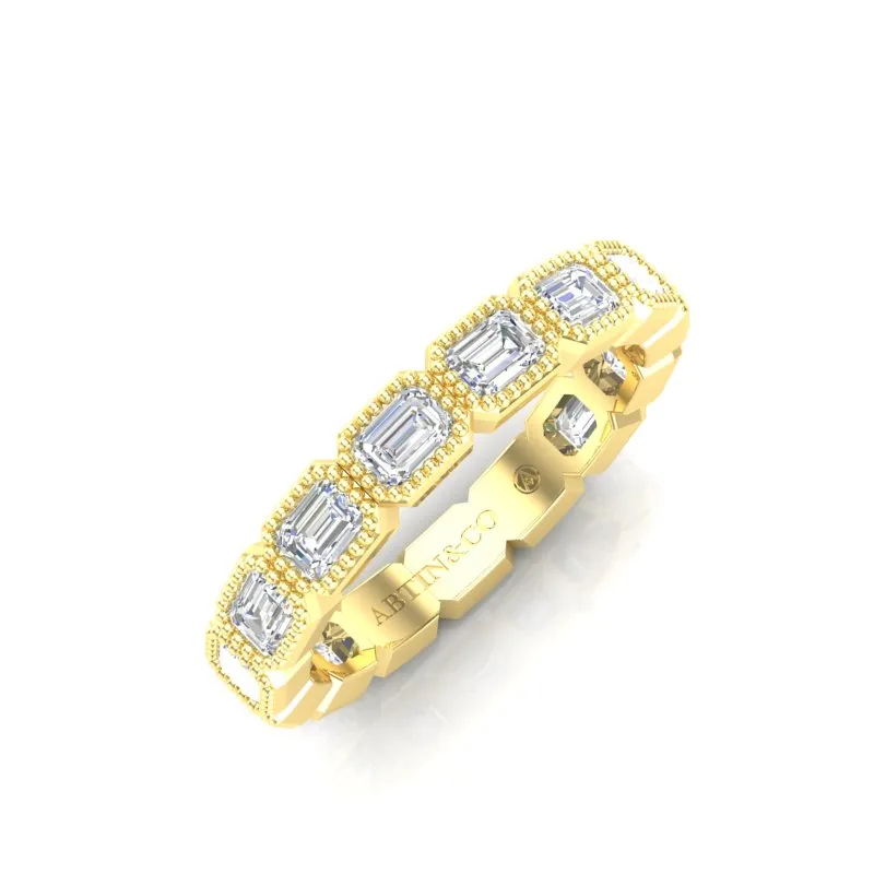 14K Gold Emerald Cut Three Quarter Way East West Eternity Milgrain Bezel Set Lab Grown Diamond Wedding Band Ring
