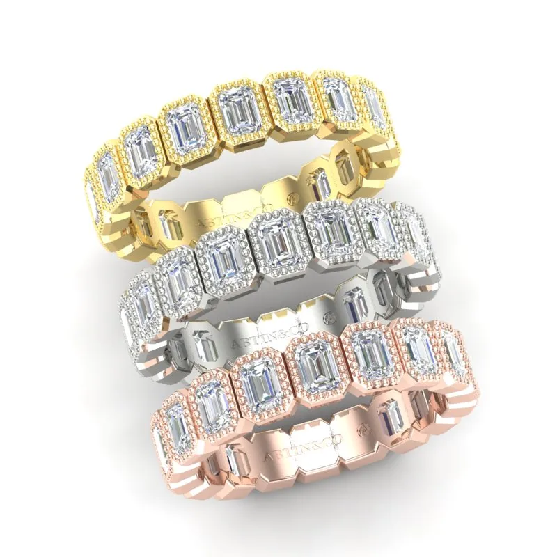 14K Gold Emerald Cut Three Quarter Way Vertical Eternity Milgrain Bezel Set Lab Grown Diamond Wedding Band Ring