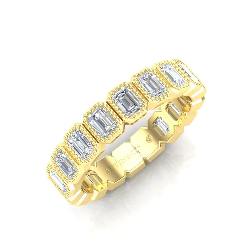 14K Gold Emerald Cut Three Quarter Way Vertical Eternity Milgrain Bezel Set Lab Grown Diamond Wedding Band Ring