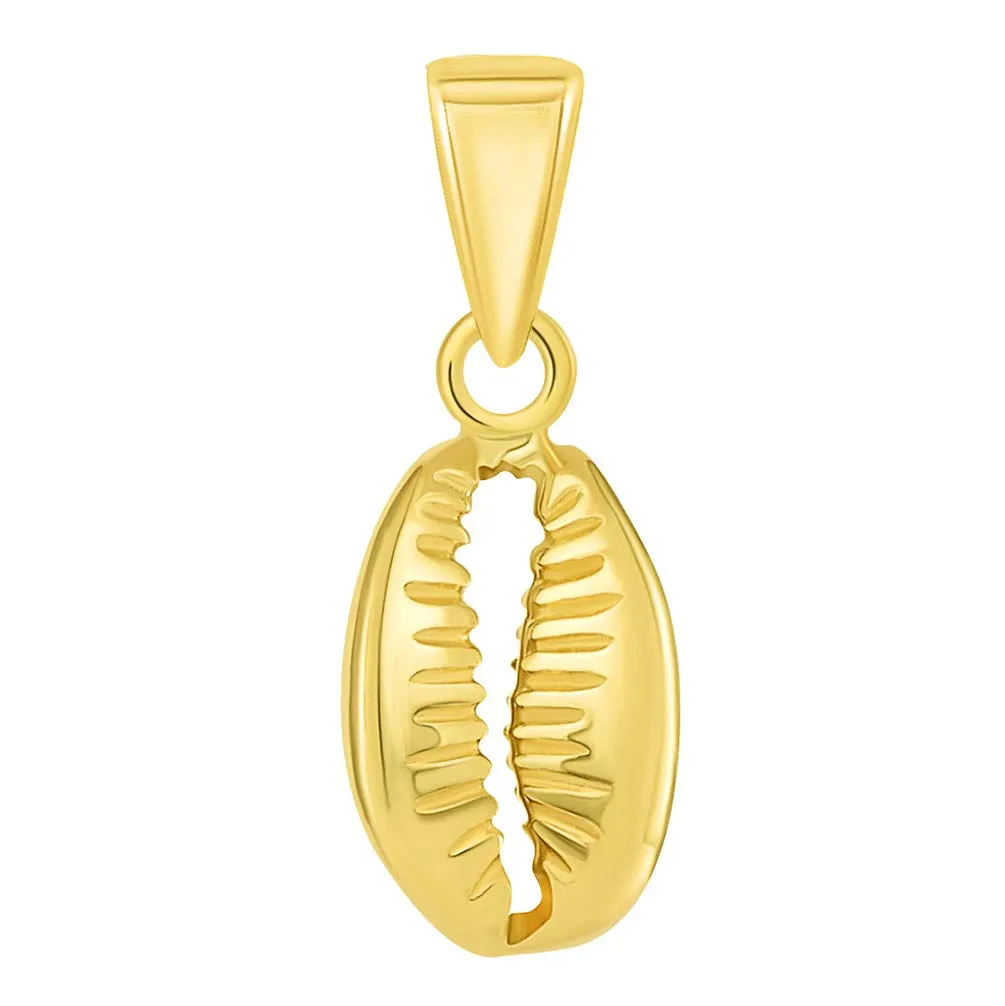 14k Yellow Gold Small 3D Seashell Charm Cowrie Shell Pendant with Figaro Chain Necklace