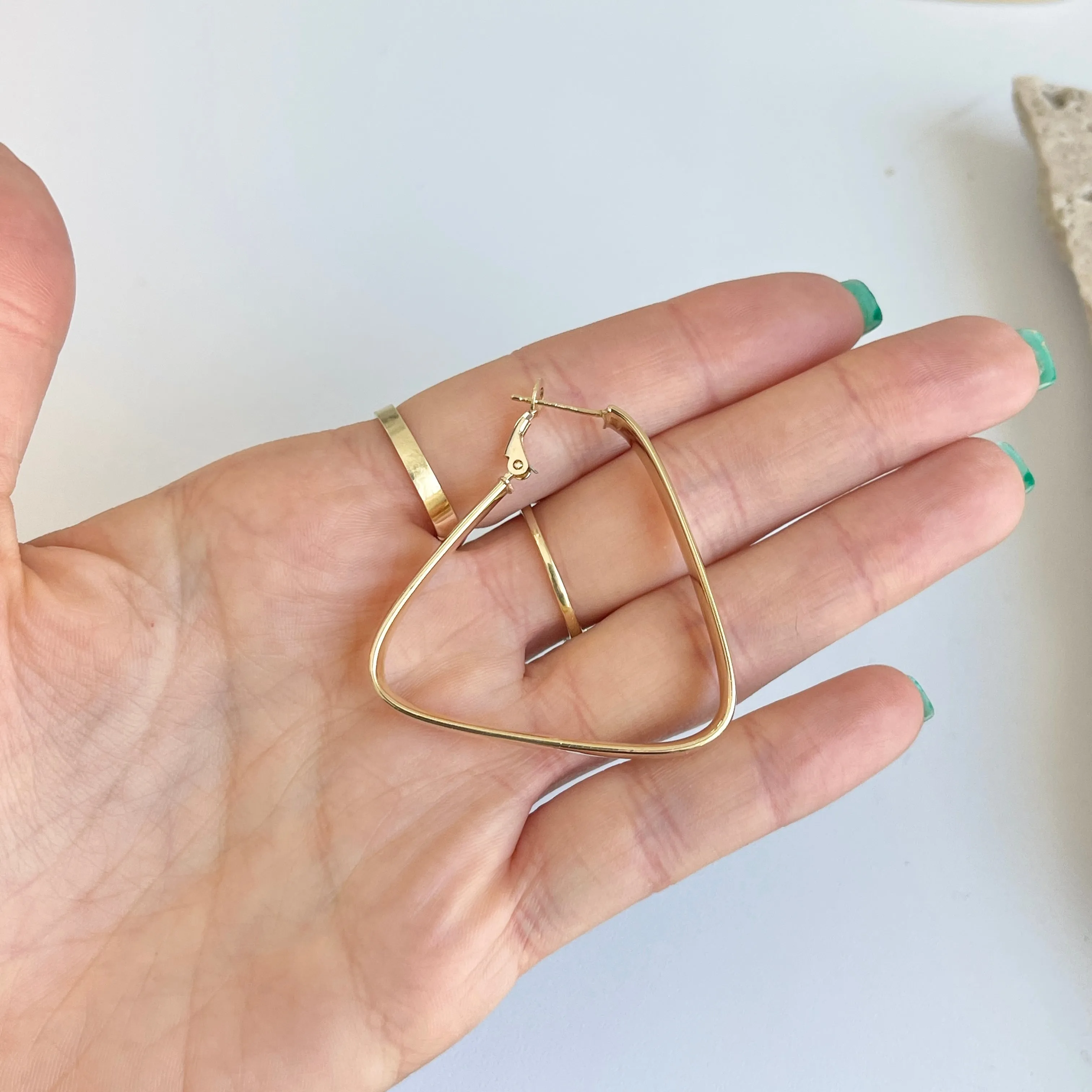 14KT Yellow Gold 7mm Wide Triangle Omega Hoop Earrings 40mm