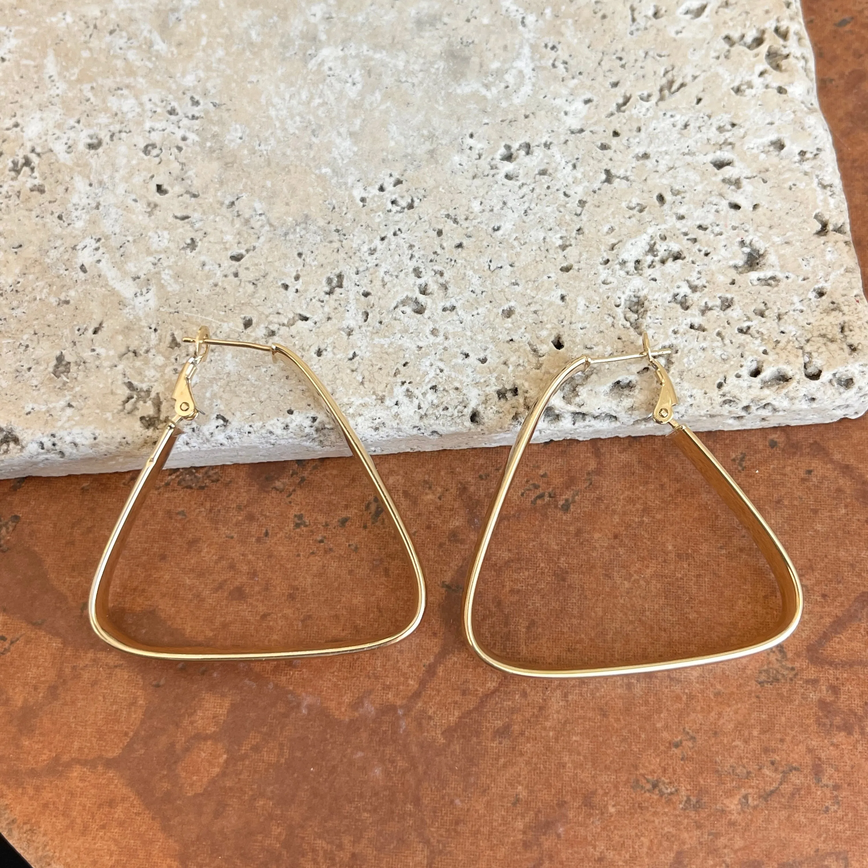 14KT Yellow Gold 7mm Wide Triangle Omega Hoop Earrings 40mm
