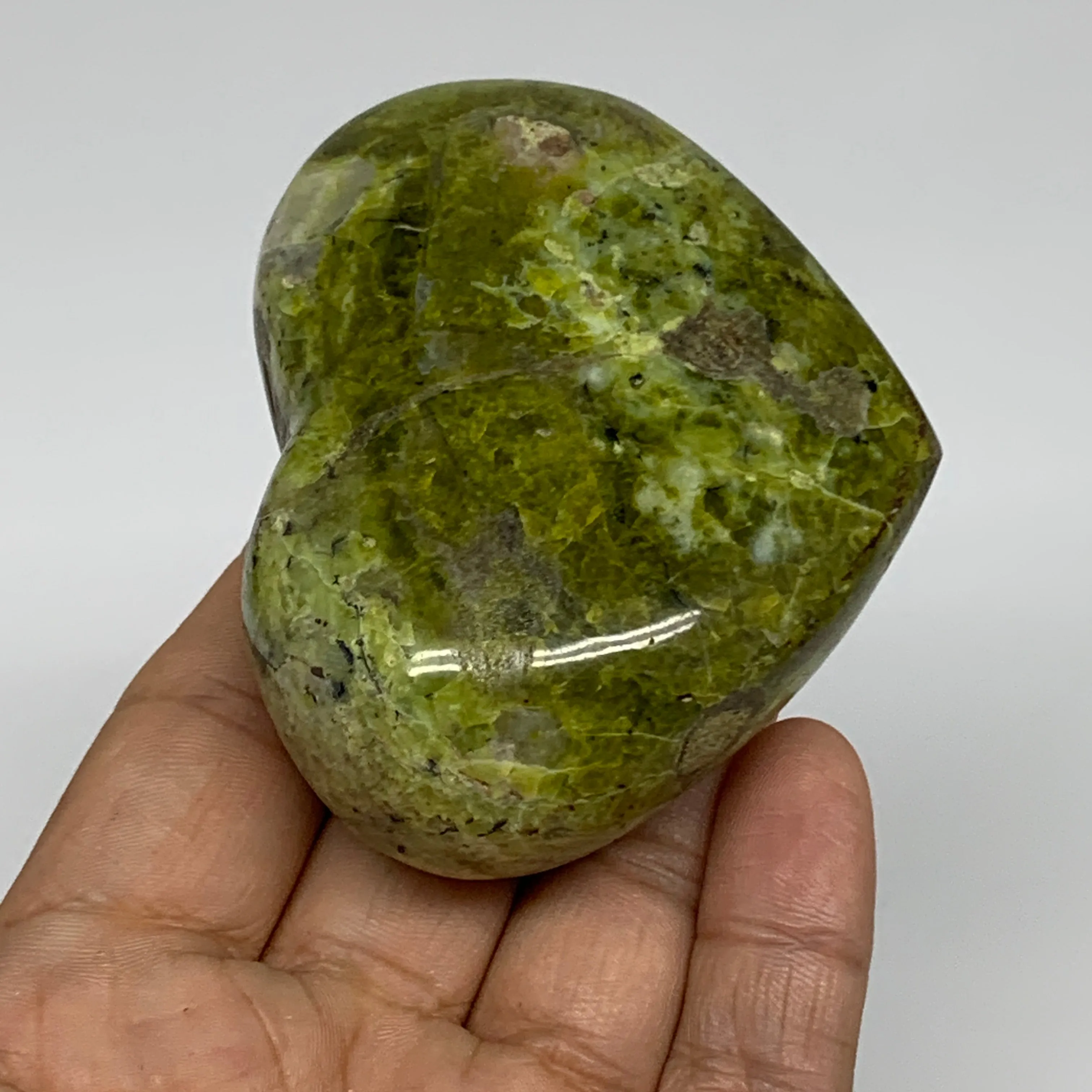 163.2g, 2.4"x2.9"x1.3", Green Opal Heart Polished Gemstone Crystal, B35592
