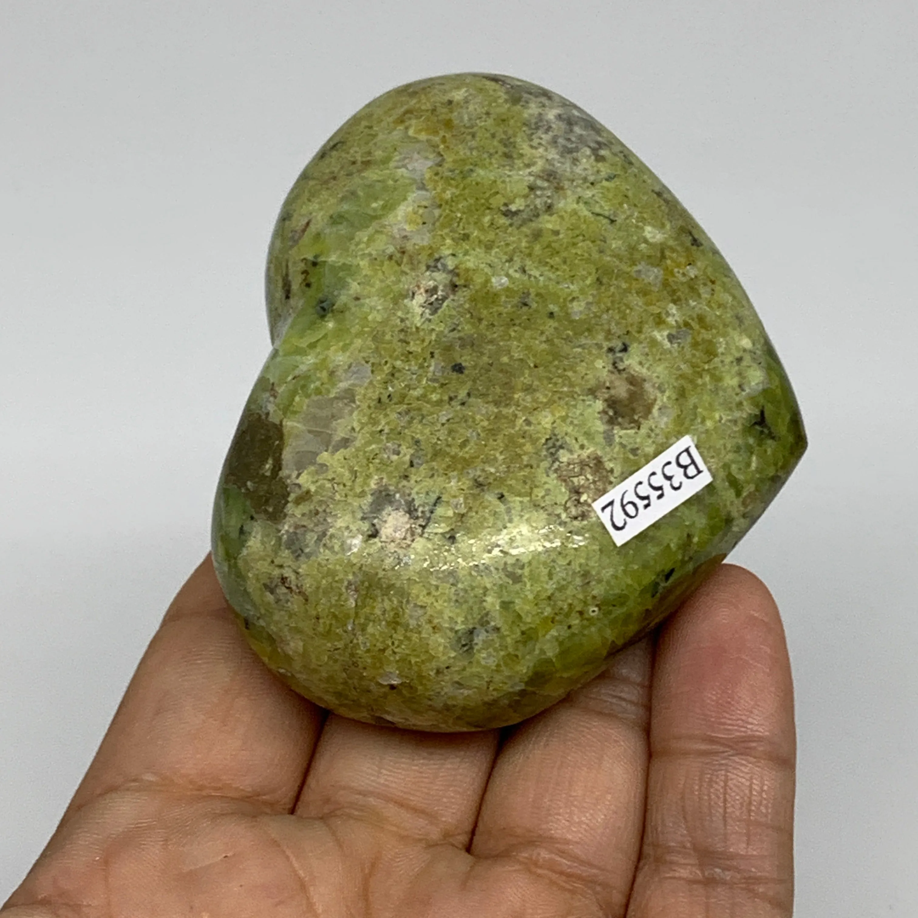 163.2g, 2.4"x2.9"x1.3", Green Opal Heart Polished Gemstone Crystal, B35592