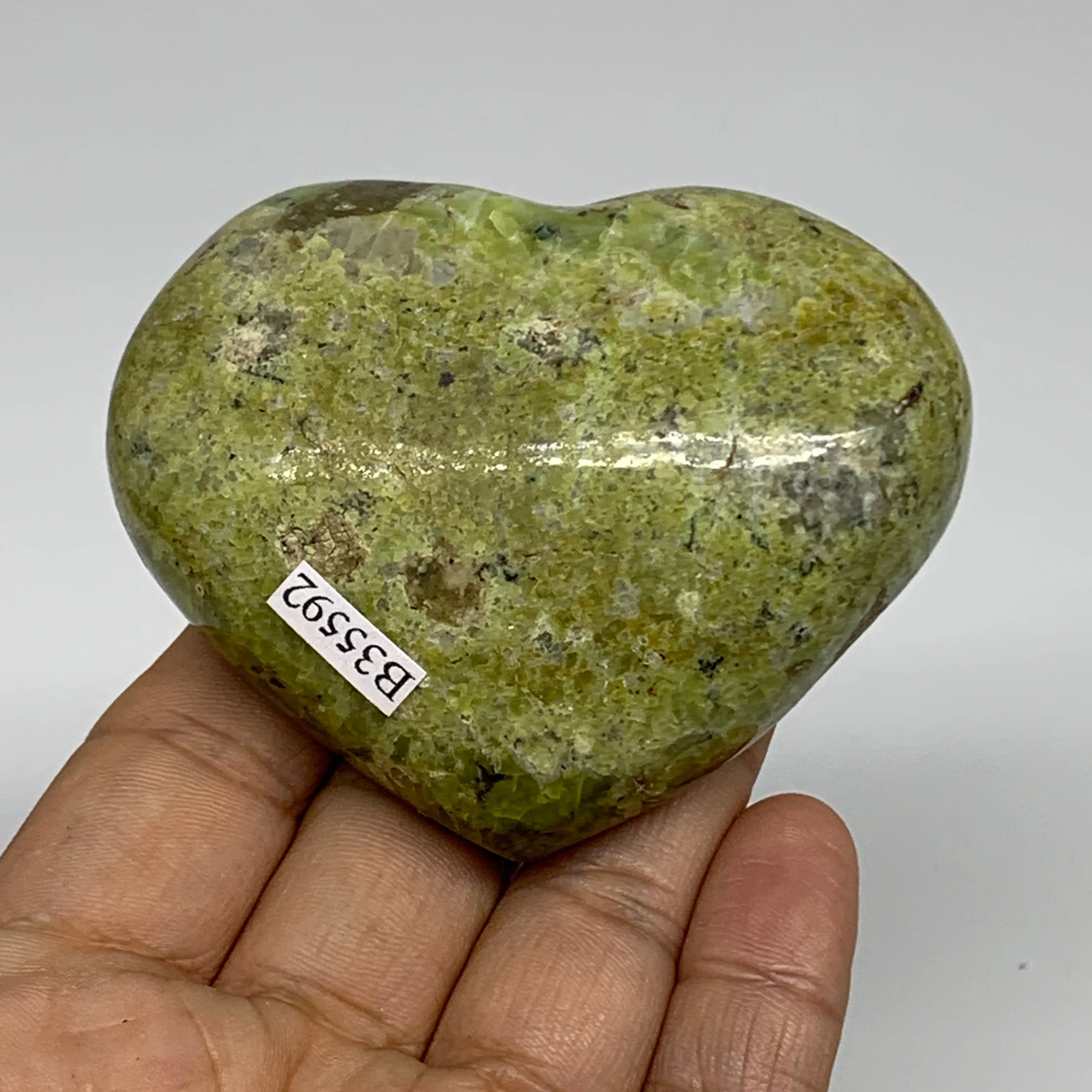 163.2g, 2.4"x2.9"x1.3", Green Opal Heart Polished Gemstone Crystal, B35592