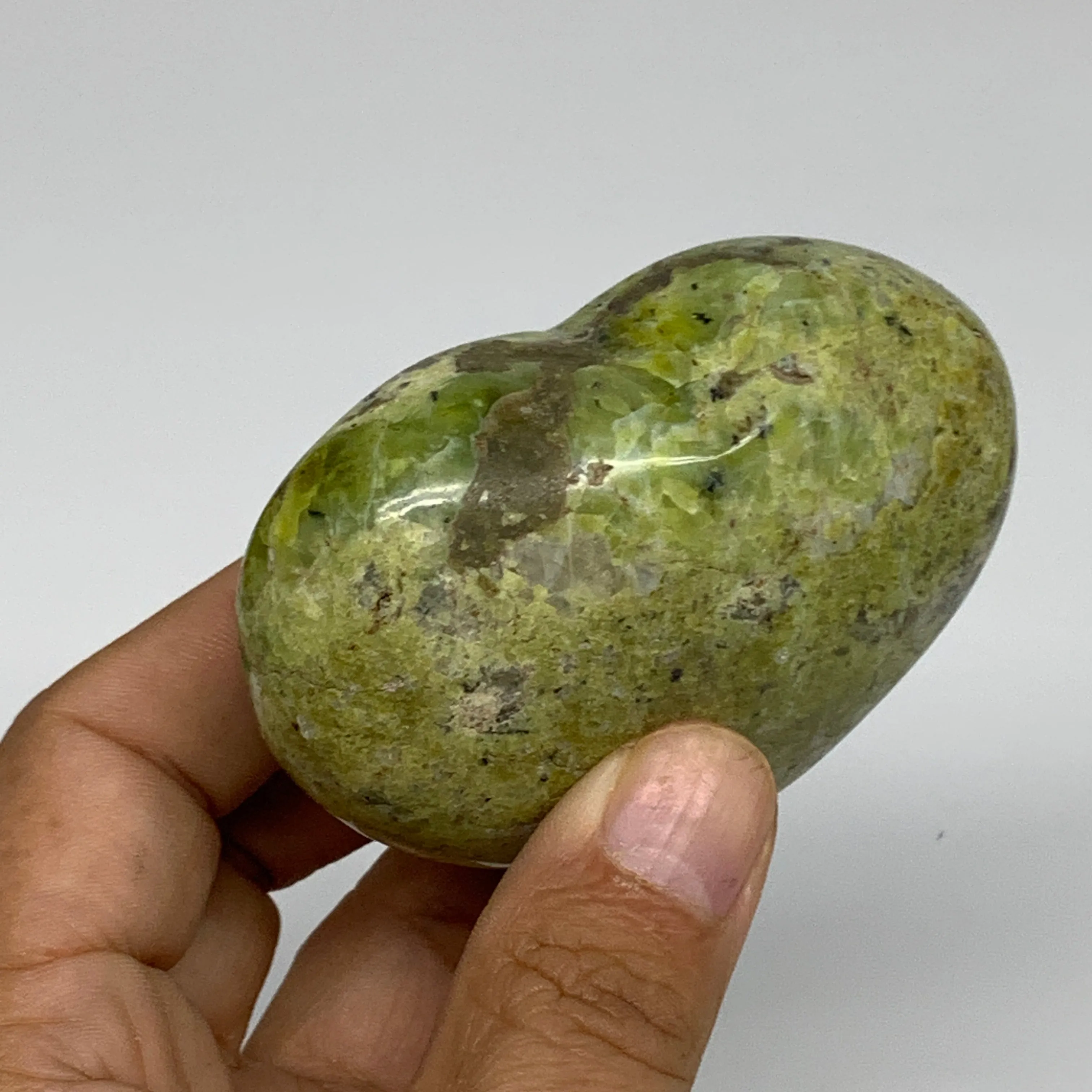 163.2g, 2.4"x2.9"x1.3", Green Opal Heart Polished Gemstone Crystal, B35592
