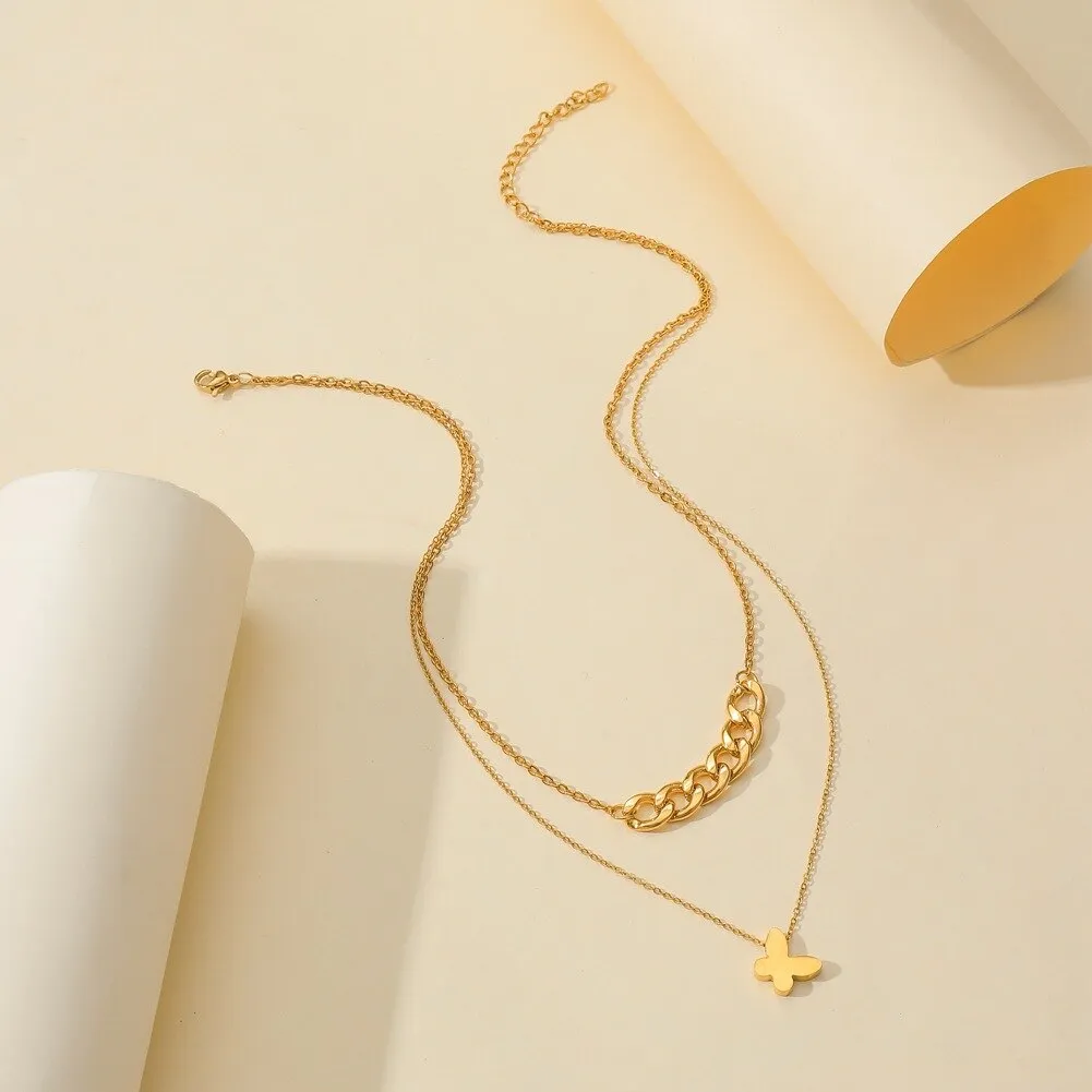 316L Stainless Steel Gold Color Double Hot Sale Fairy Shell Butterfly Pendant Clavicle Necklace