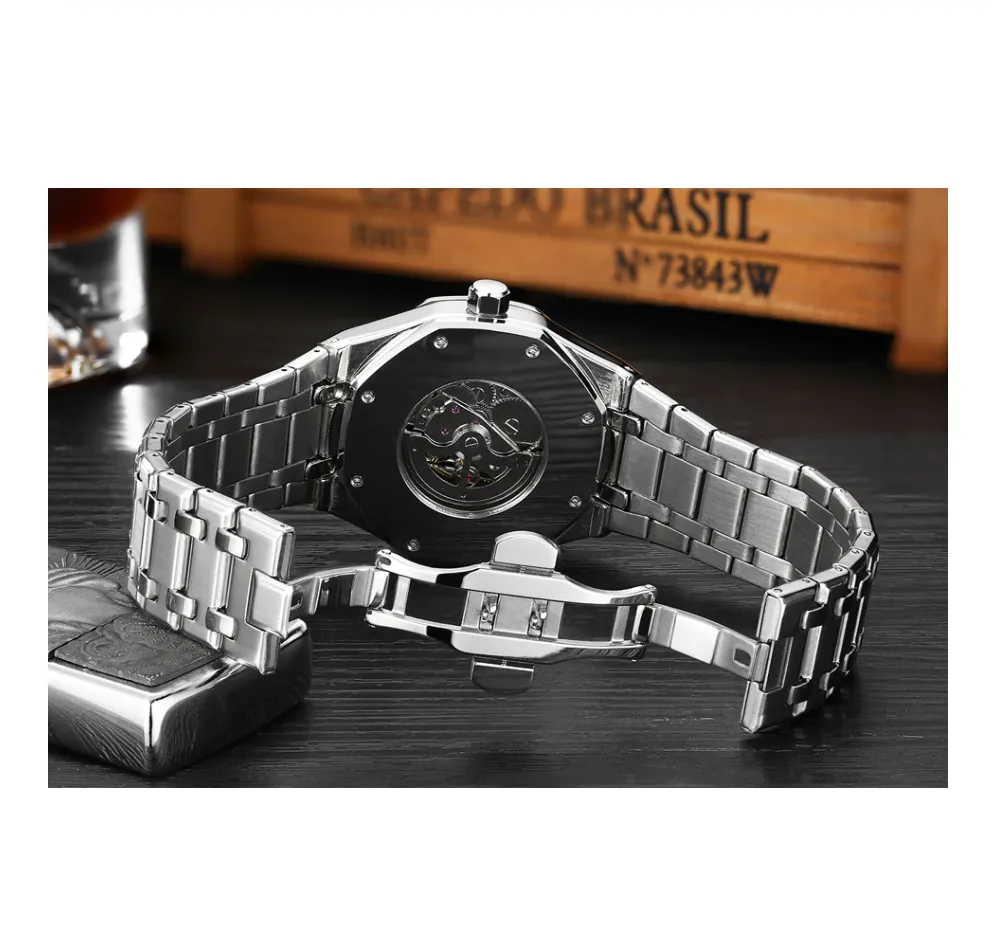 45mm Silver Blue Dial Watch Luxury Business Shinny Silver Dress Watch Skeleton Black Face Octagonal Watch Gold Stainless Steel