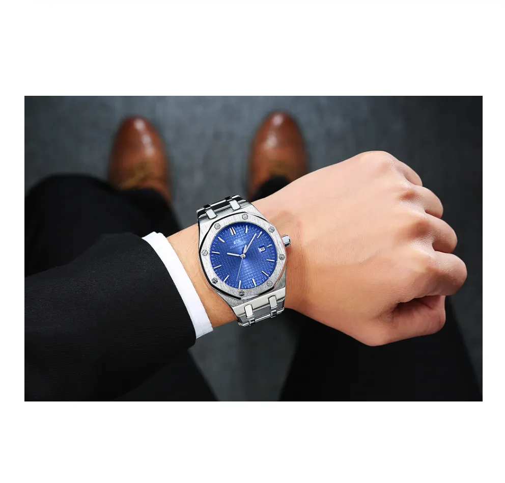 45mm Silver Blue Dial Watch Luxury Business Shinny Silver Dress Watch Skeleton Black Face Octagonal Watch Gold Stainless Steel