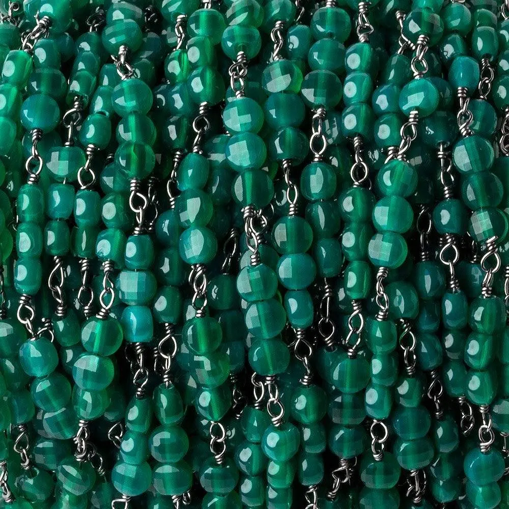 4mm Green Onyx Faceted Coin Trio Black Gold Chain 54 beads