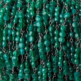 4mm Green Onyx Faceted Coin Trio Black Gold Chain 54 beads