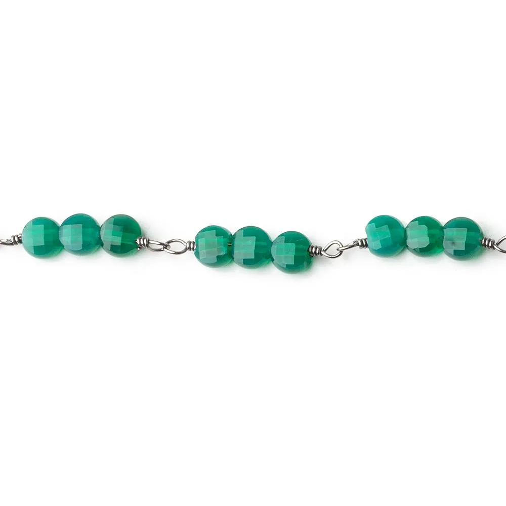 4mm Green Onyx Faceted Coin Trio Black Gold Chain 54 beads