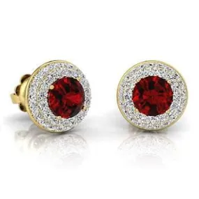9K Yellow Gold Ruby & Double Diamond Halo Stud Earrings