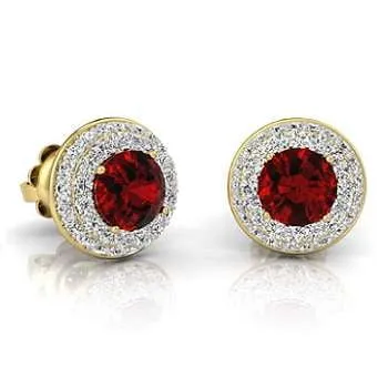 9K Yellow Gold Ruby & Double Diamond Halo Stud Earrings