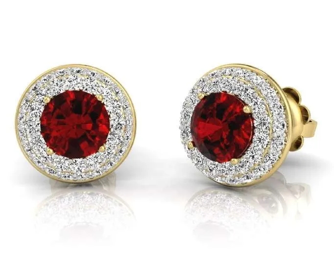 9K Yellow Gold Ruby & Double Diamond Halo Stud Earrings