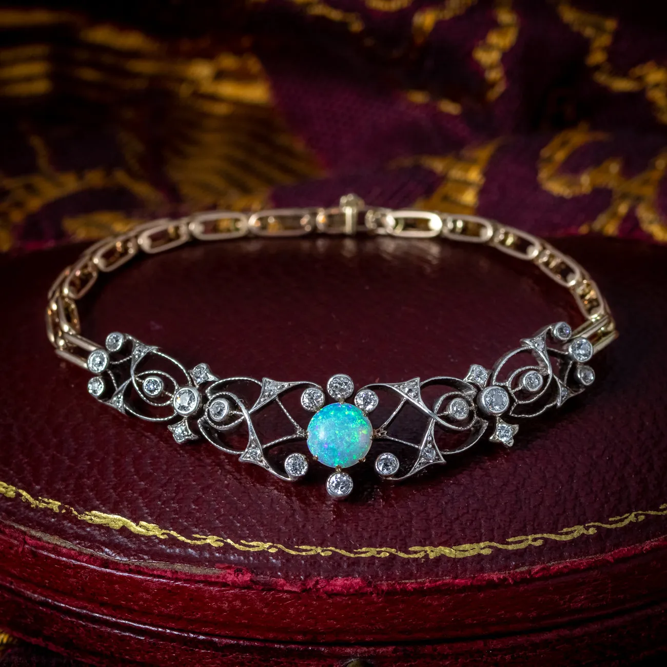 Antique Victorian Opal Diamond Bracelet Silver 15ct Gold