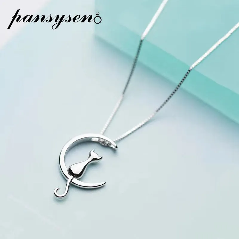 Beautiful Pure 925 Sterling Silver Cat Charm Pendant Necklaces for Women