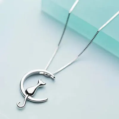 Beautiful Pure 925 Sterling Silver Cat Charm Pendant Necklaces for Women