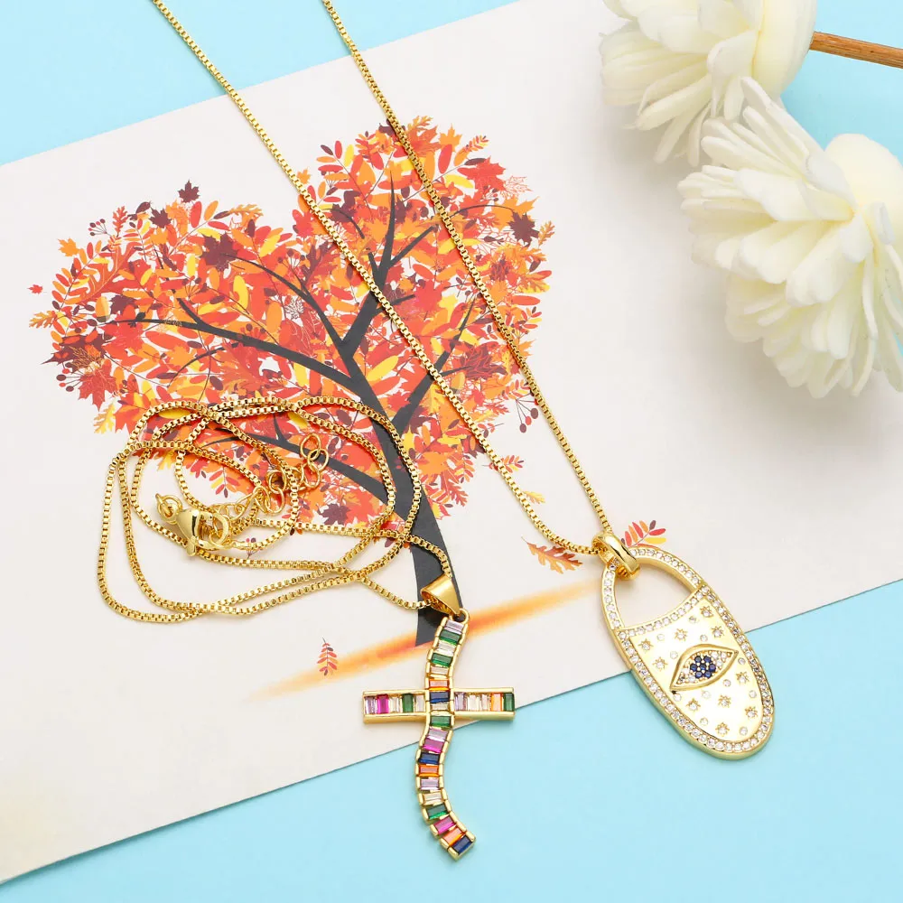 Big Oval Evil Eye Padlock Necklaces for Women Rainbow CZ Rhinestone Cross Necklaces