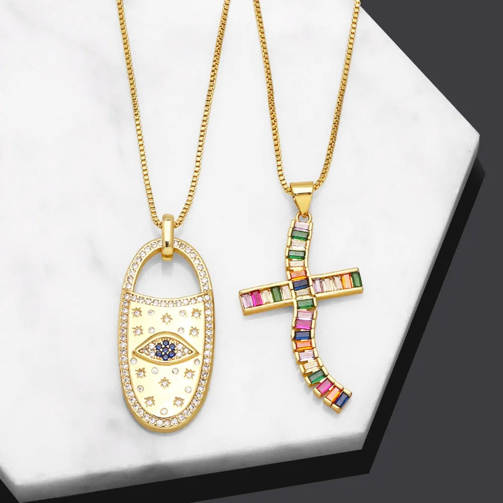 Big Oval Evil Eye Padlock Necklaces for Women Rainbow CZ Rhinestone Cross Necklaces