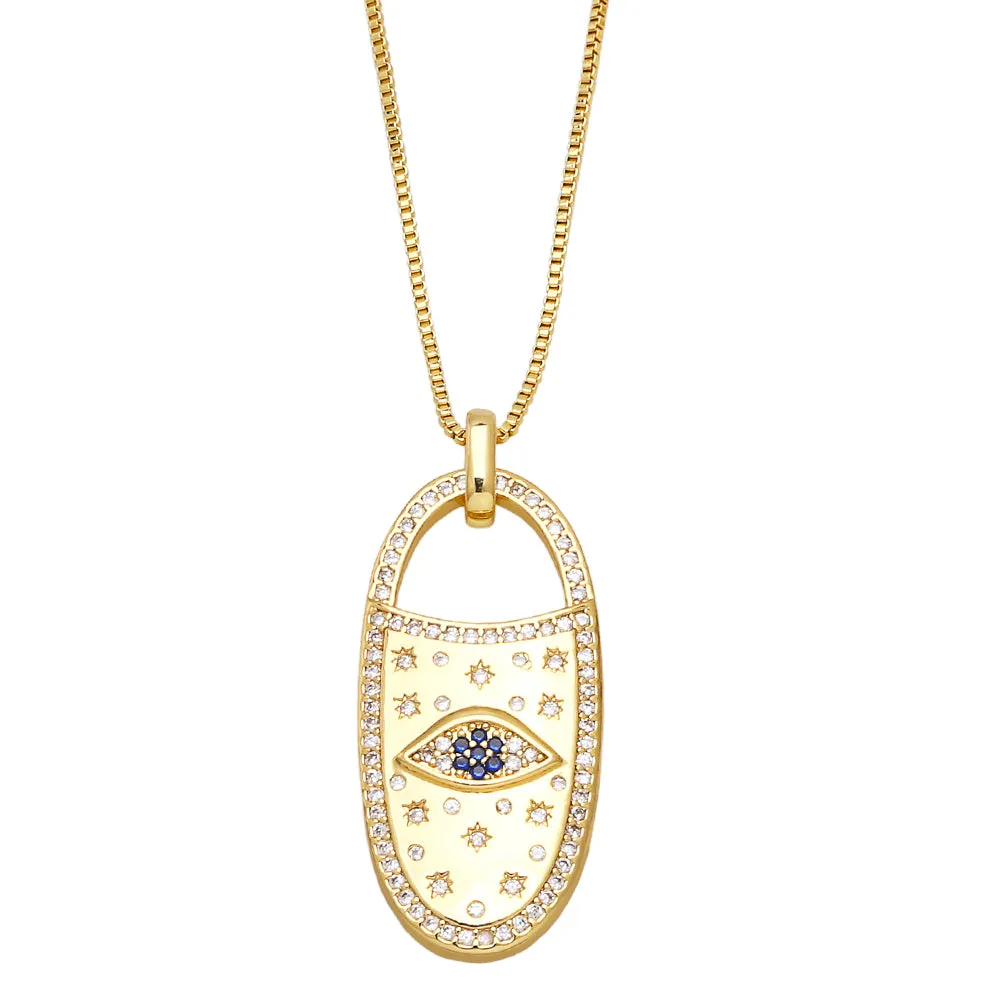 Big Oval Evil Eye Padlock Necklaces for Women Rainbow CZ Rhinestone Cross Necklaces