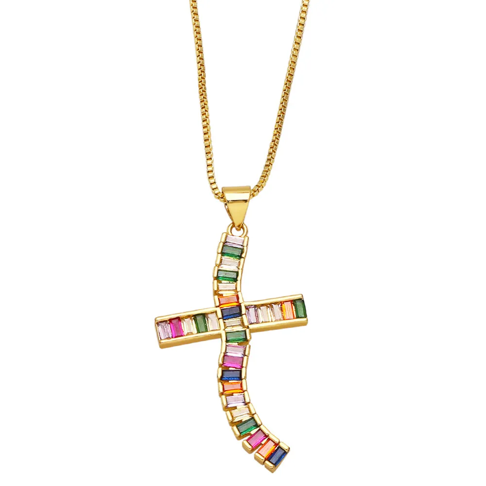 Big Oval Evil Eye Padlock Necklaces for Women Rainbow CZ Rhinestone Cross Necklaces