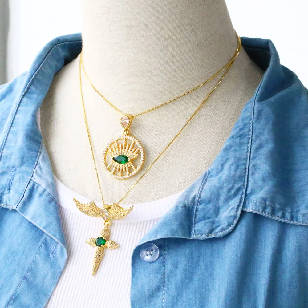 Big Round Disc Green Eye Necklaces for Women Copper CZ Rhinestone Angel Wings Cross Necklace