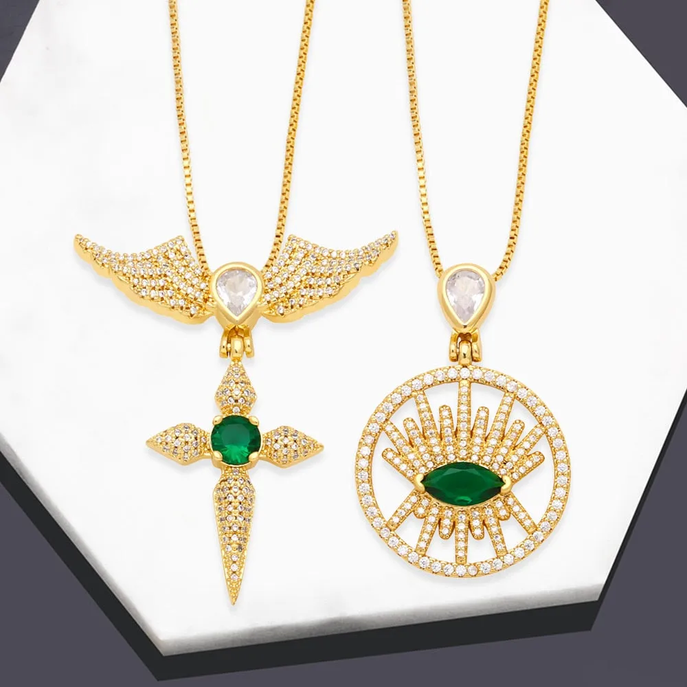 Big Round Disc Green Eye Necklaces for Women Copper CZ Rhinestone Angel Wings Cross Necklace