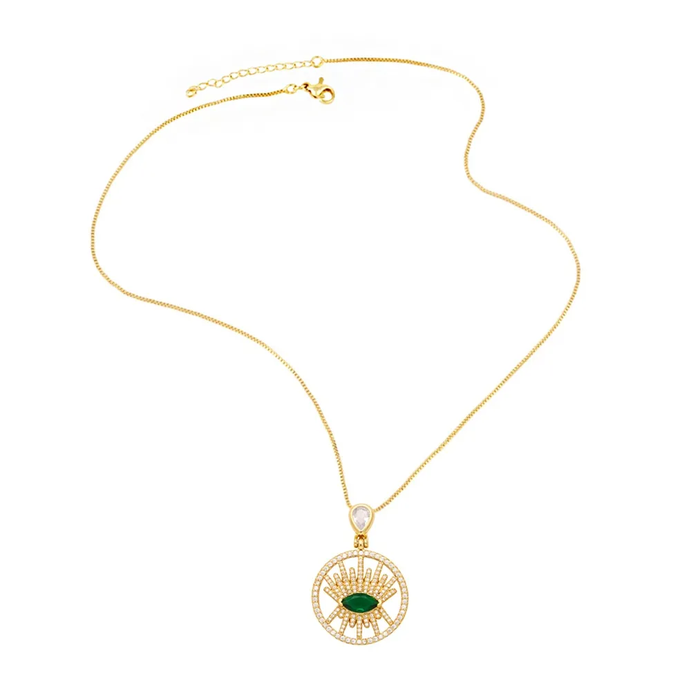 Big Round Disc Green Eye Necklaces for Women Copper CZ Rhinestone Angel Wings Cross Necklace
