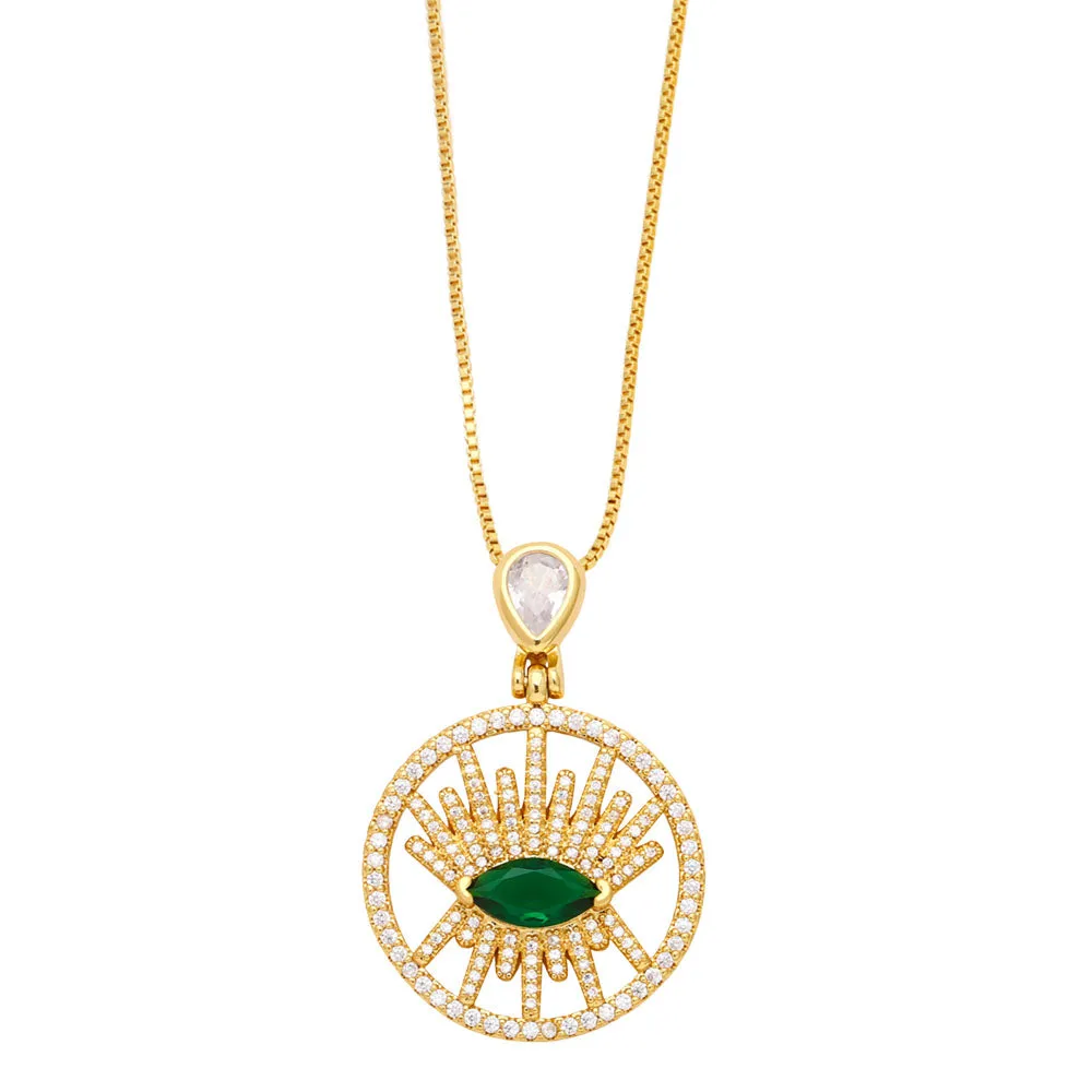 Big Round Disc Green Eye Necklaces for Women Copper CZ Rhinestone Angel Wings Cross Necklace