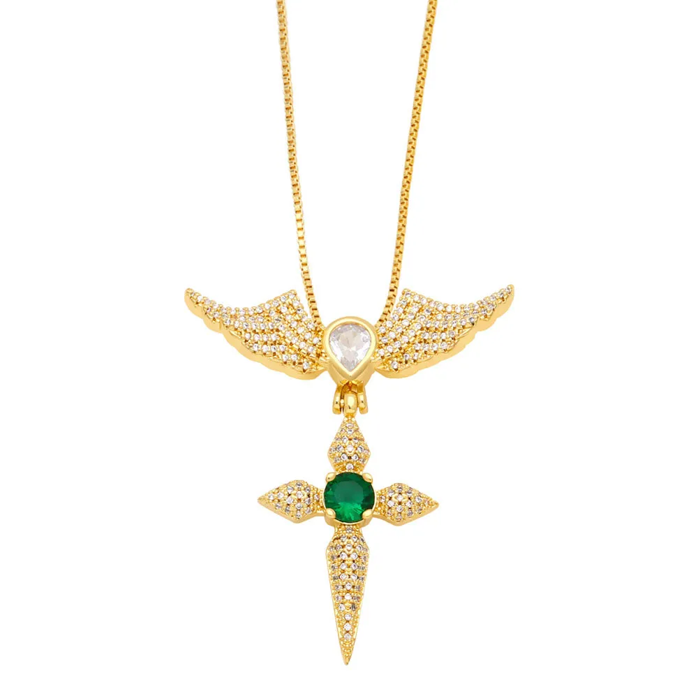 Big Round Disc Green Eye Necklaces for Women Copper CZ Rhinestone Angel Wings Cross Necklace