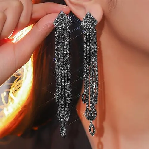 Black Rhinestone Tassel Earrings for Women Bling Sparkly Long Tassel Earrings Prom Earrings Bling Crystal Chandelier Earrings Wedding Party Prom Dress Outfit Jewerly Gifts for Her(H:black)