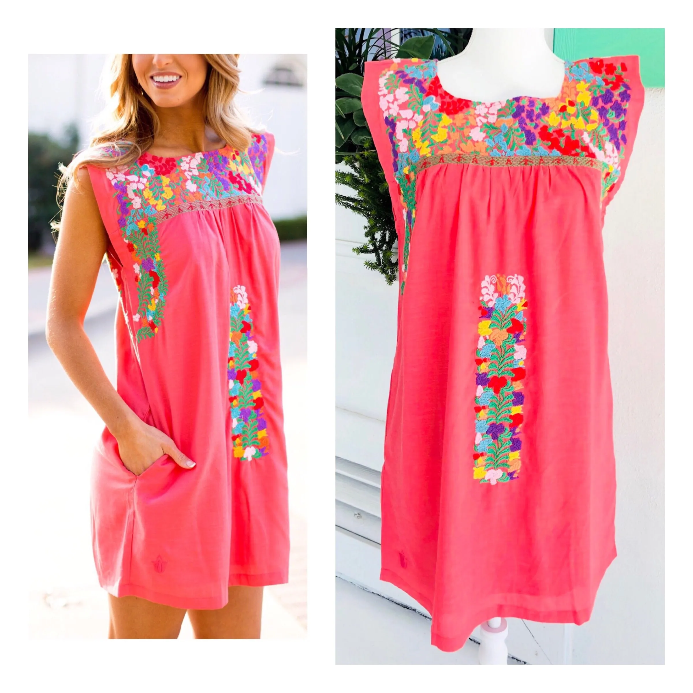 Bright Coral Multicolor Embroidered Textile Dress with Pockets