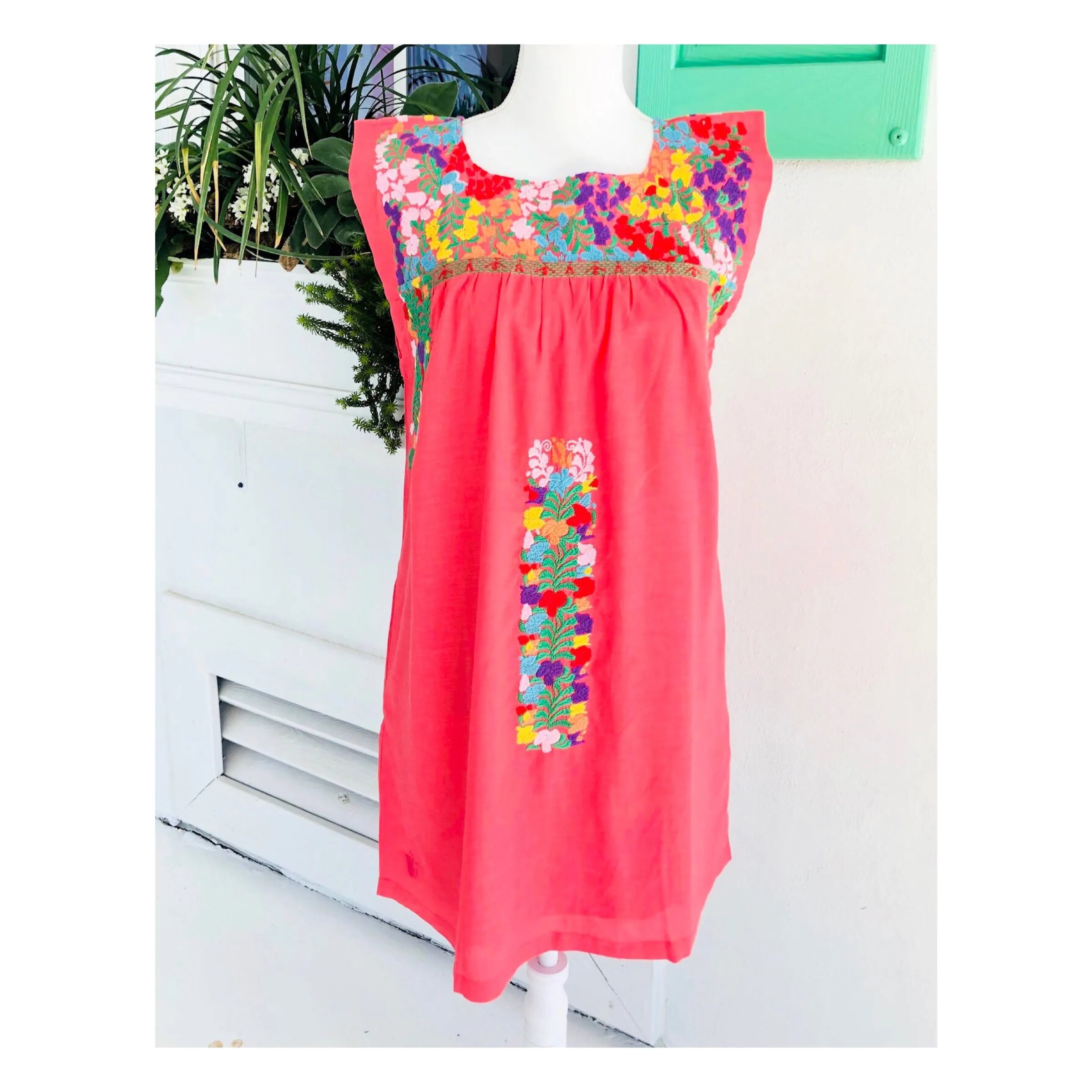 Bright Coral Multicolor Embroidered Textile Dress with Pockets