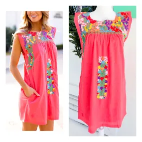 Bright Coral Multicolor Embroidered Textile Dress with Pockets
