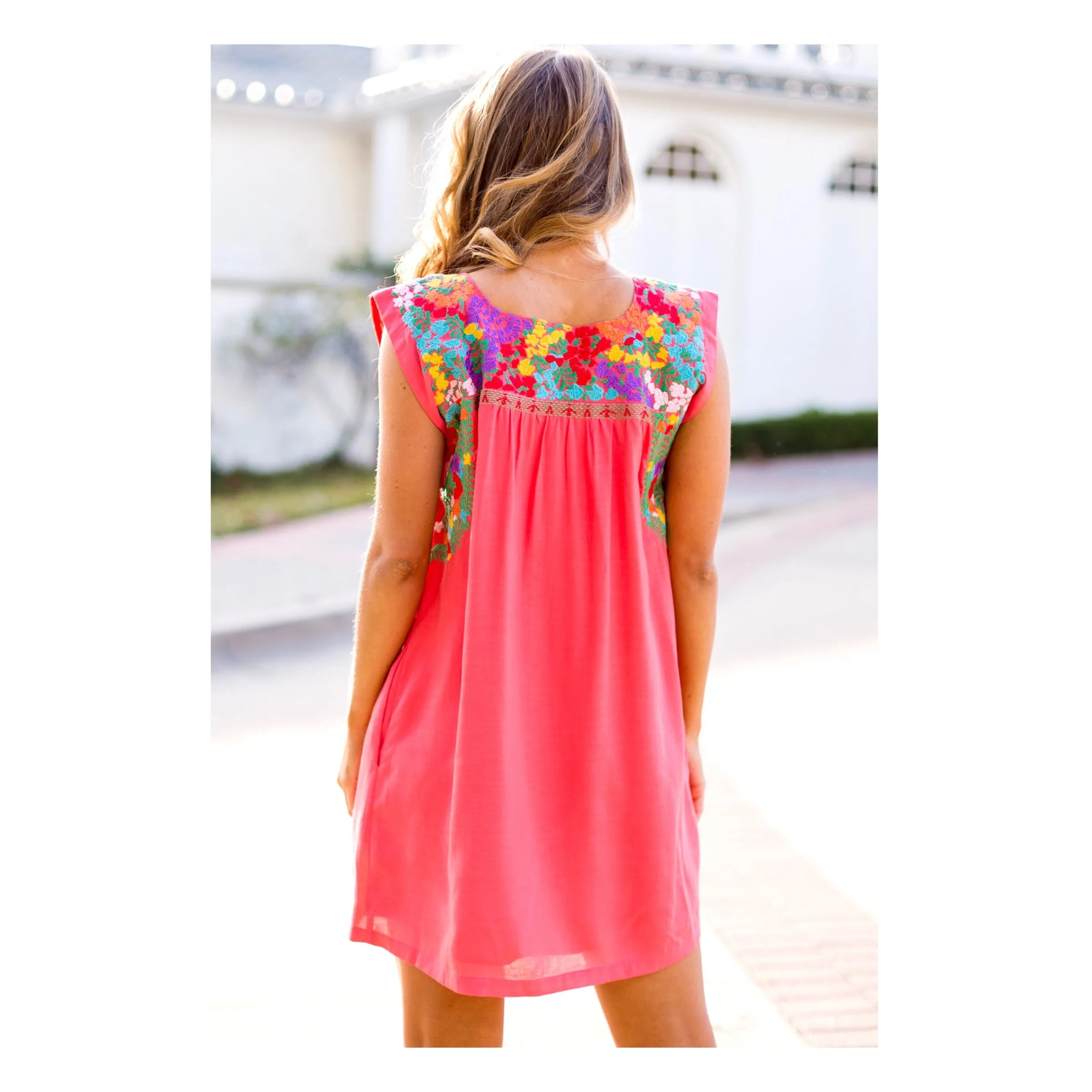 Bright Coral Multicolor Embroidered Textile Dress with Pockets