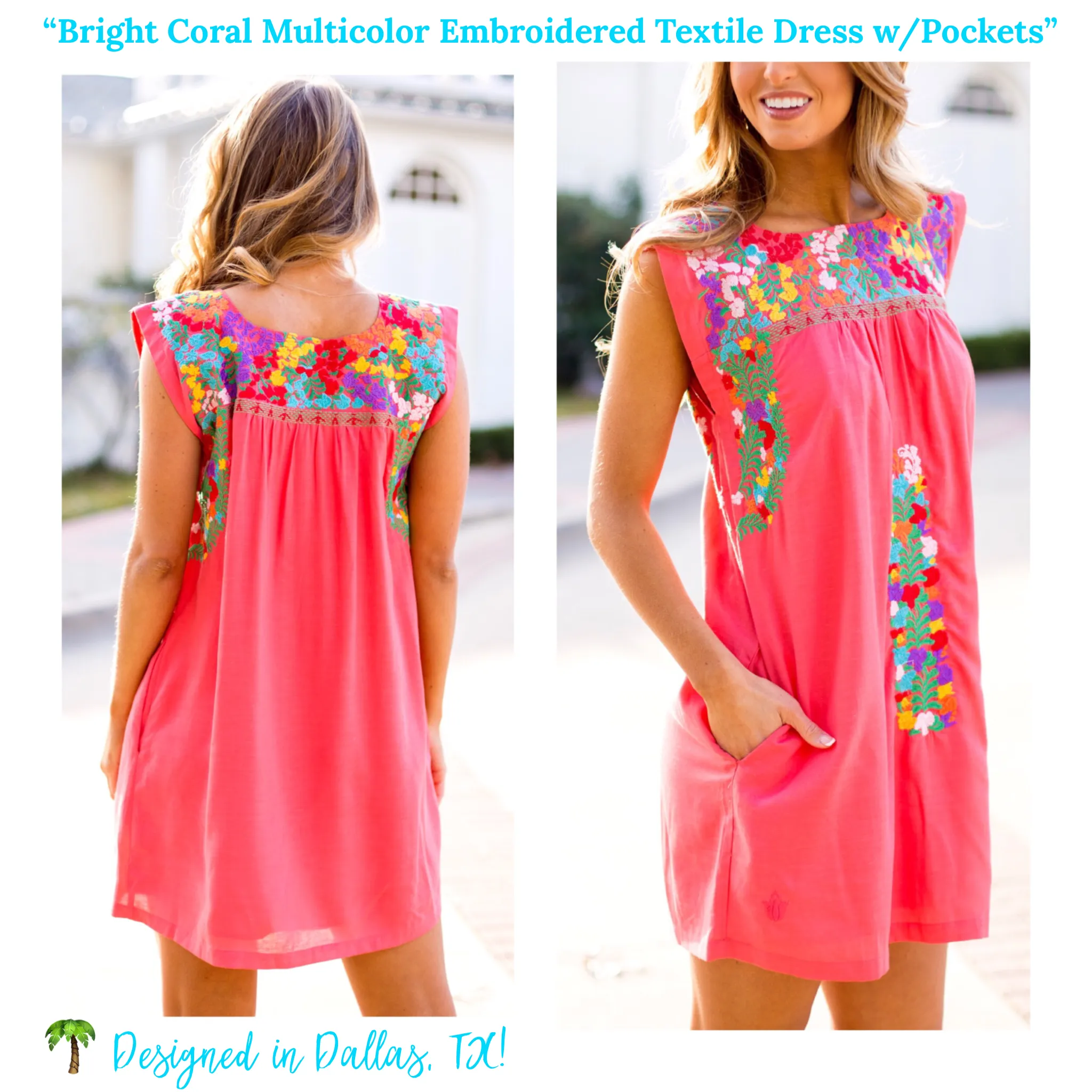 Bright Coral Multicolor Embroidered Textile Dress with Pockets