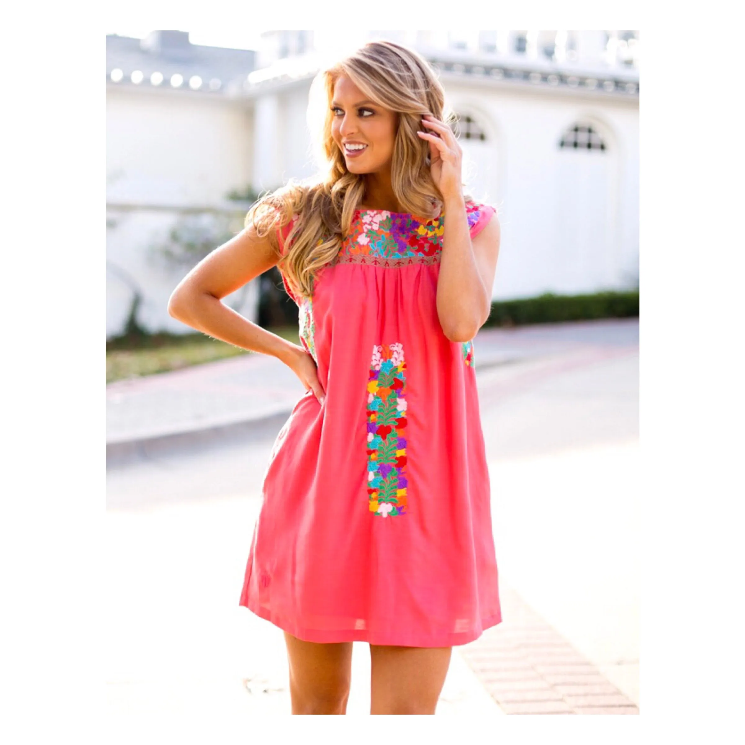 Bright Coral Multicolor Embroidered Textile Dress with Pockets