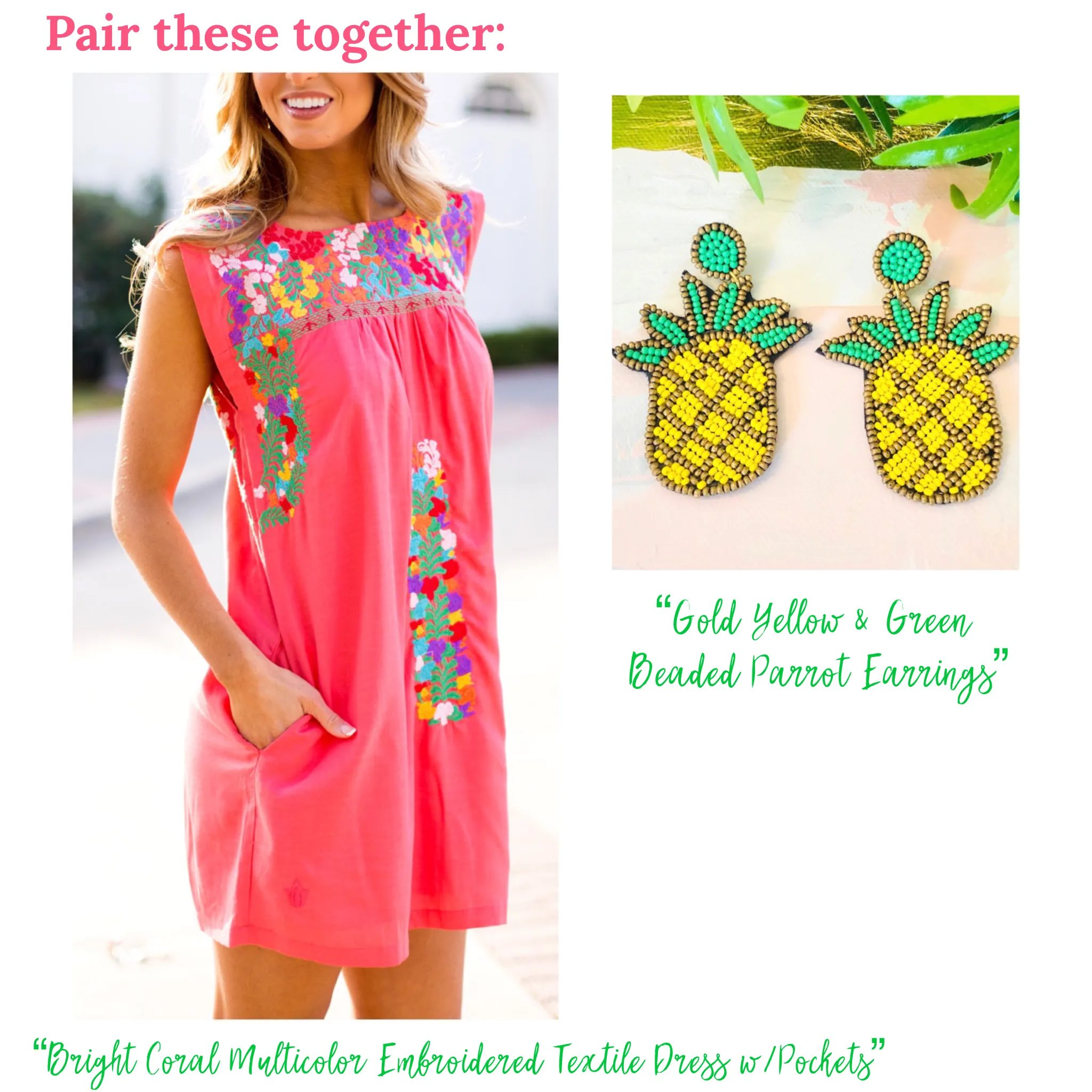 Bright Coral Multicolor Embroidered Textile Dress with Pockets