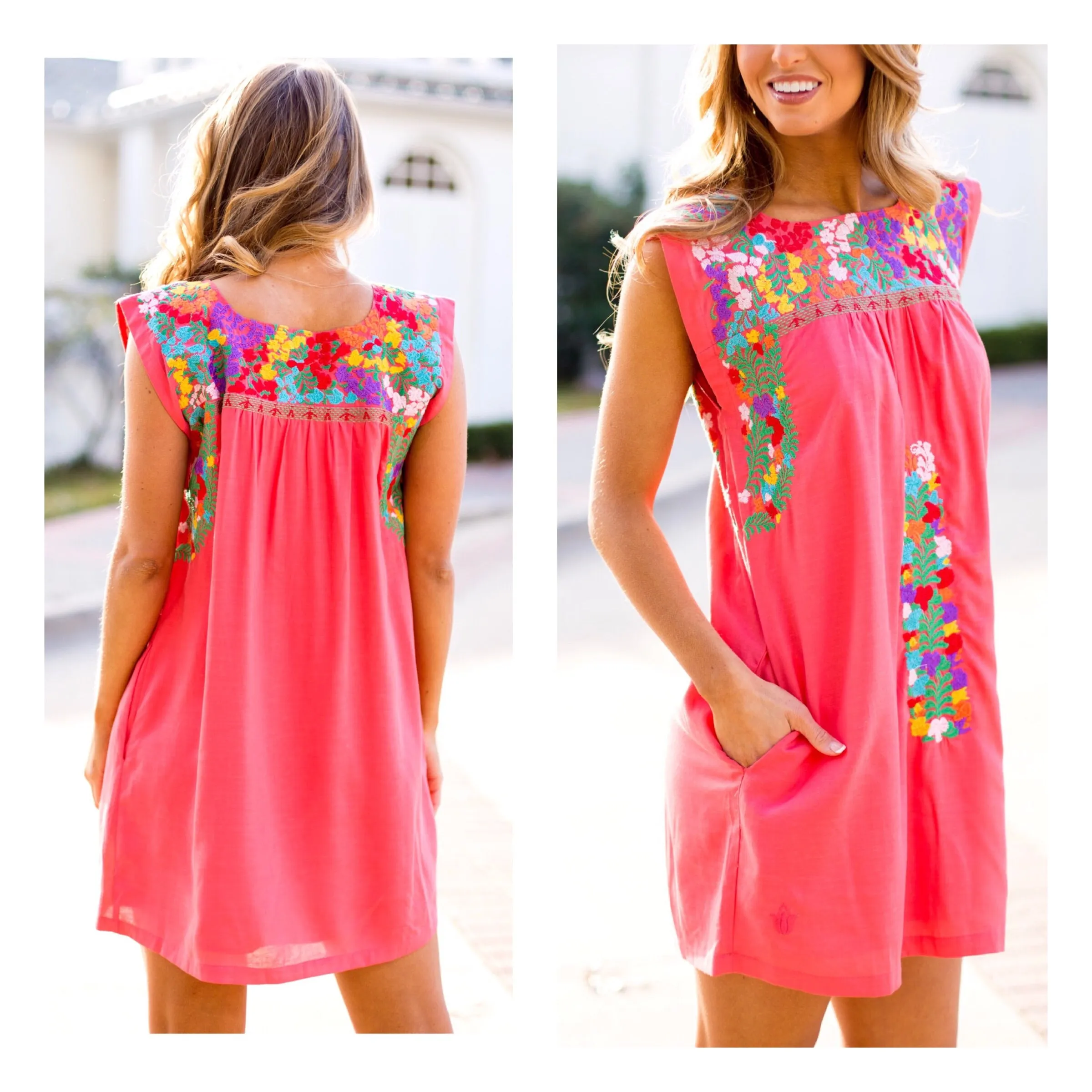 Bright Coral Multicolor Embroidered Textile Dress with Pockets